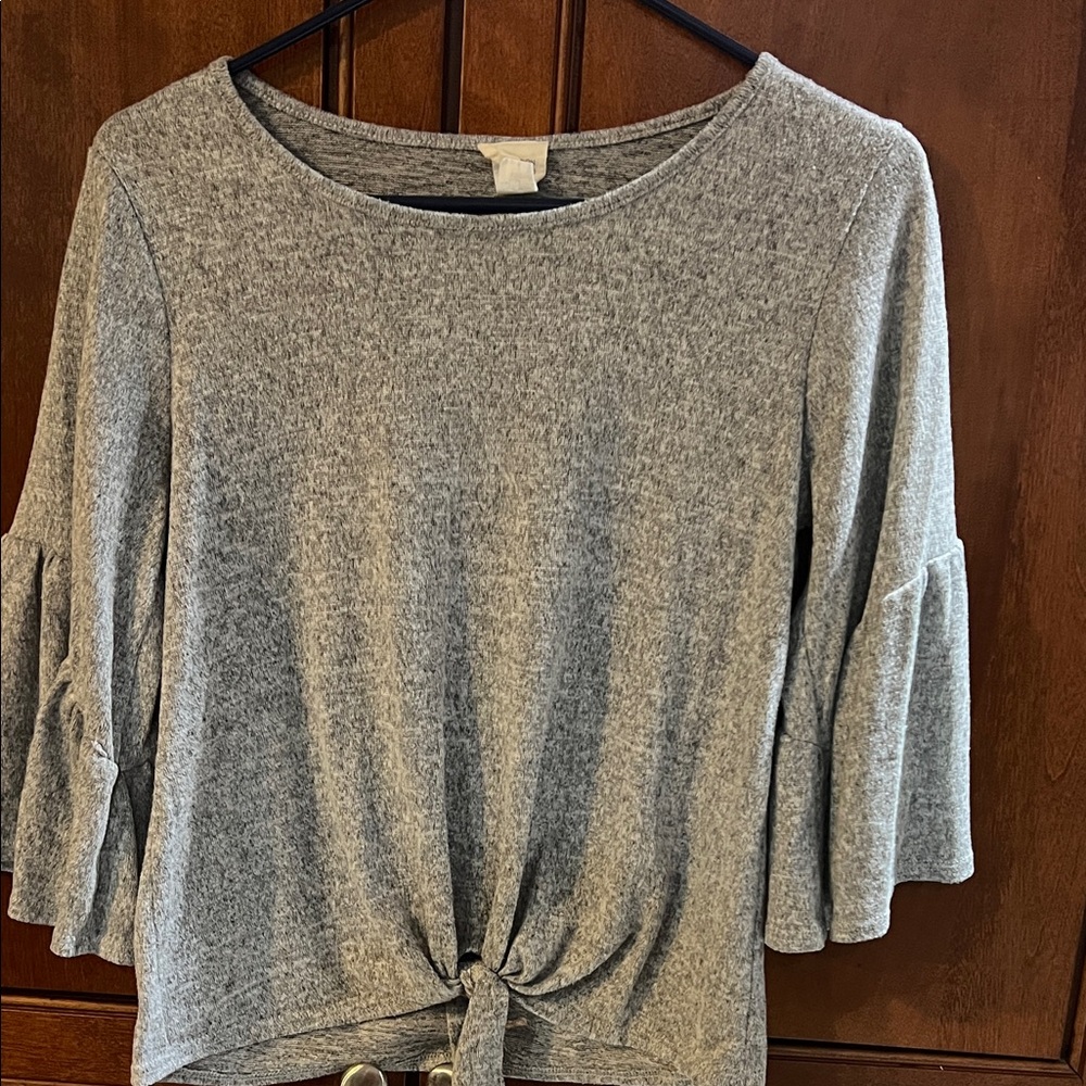 Caution To The Wind Gray Tie-Front Blouse